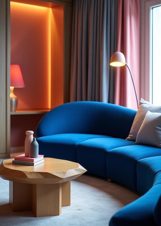 Vibrant custom hotel room with geometric colorful furniture