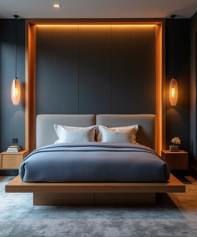 Luxurious boutique hotel suite with custom wood bed frame and integrated accent lighting